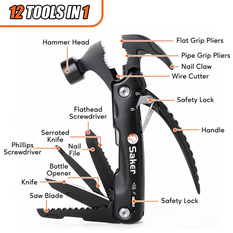 Saker Multi-Functional 12 in 1 Mini Hammer Camping Gear Survival Tool